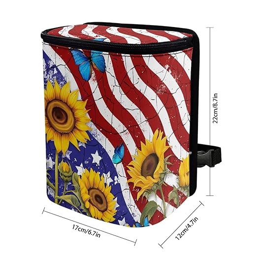 4th of July Car Trash Can with Lid Hanging Car Trash Bag Leak-Proof Portable Cars Garbage Bin Sedan Accessories Interior Cars Organizer, USA Flag Sunflower Print