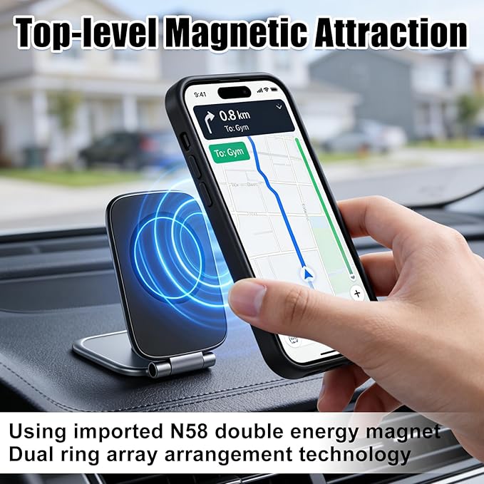 Ultra-Thin Foldable Magnetic Car Phone Mount,Shockproof, Strong Magnet Secure,270° Adhesive Cell Phone Holder for Your Car/Gym/Mirror Compatible with iPhone & Android