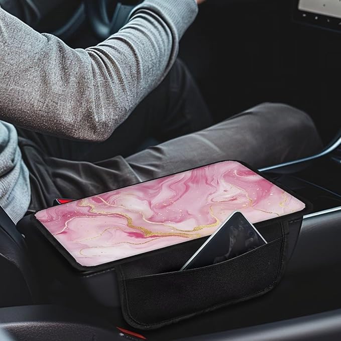 Dreaweet Car Center Console Cover Pink Marble Print Car Armrest Cover Center Console Covers with 2 Storage Pockets,Soft Comfortable Car Arm Rest Cover Pad for Women