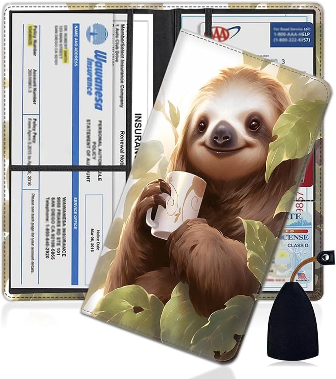 Yuxcfhjfe Car Registration and Insurance Holder, PU Leather Auto Document Holder for Men&Women, Vehicle Glove Box Compartment Organizer with Magnetic Shut for Driver's License, Retro Sloth Pattern