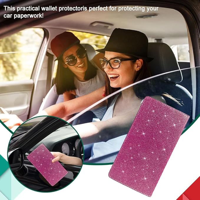 Vehicle Glove Box Car Organizer, Car Registration and Insurance Holder, Insurance Card Holder for Cars, Leather Card Holder Interior Auto Accessories for Women (Glitter-Red)