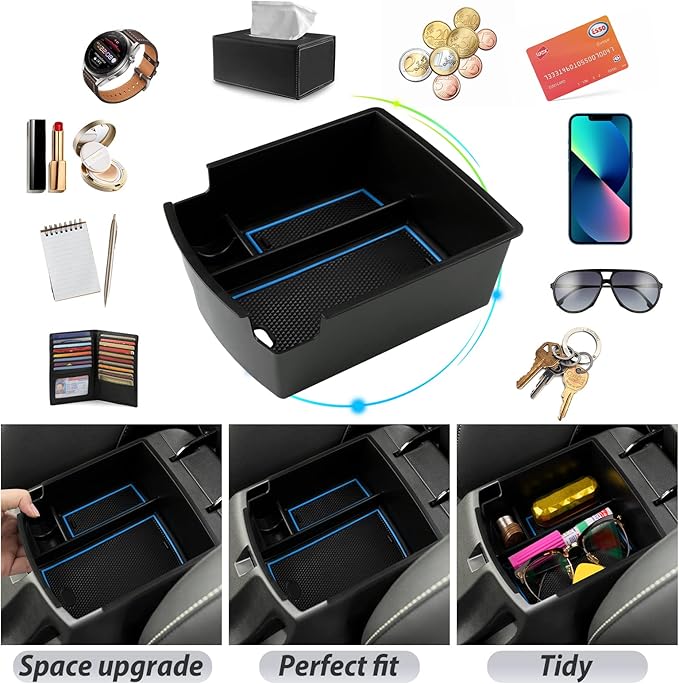 SKTU for 2018 2019 2020 2021 2022 2023 Hyundai Kona Center Console Organizer Insert ABS Black Materials Tray Armrest Box Glove Secondary Storage Box with Coin and Glass Holder (Blue)
