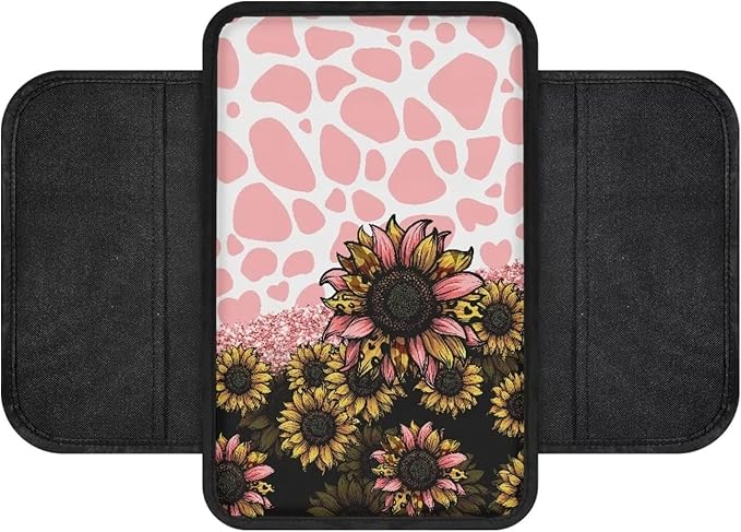 Dreaweet Sunflower Pink Cow Print Car Accessories Center Console Cover Cushion Pad,Car Armrest Cover with Side Pockets,Universal Fit Arm Rest Cover for Most Vehicles SUV Sedan