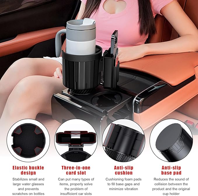 Car Cup Holder Expander Adapter, Adjustable 3 in 1 Cup Holder Expander with Phone Holder & Card Organizer, Fits Less Than 4.1'' Bottles for 2.56''-3.94'' Cup Holder, Car Accessories