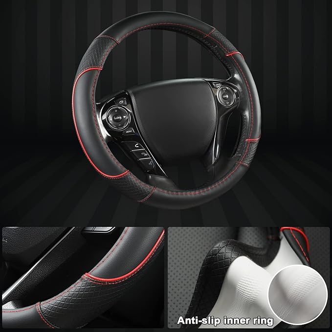 GIANT PANDA Microfiber Leather Steering Wheel Cover for Honda Accord,Civic,CR-V,HR-V,Pilot(Diamond-Pattern-Black+Red Line-Standard Size)