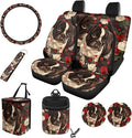 10 Pieces Car Seat Cover Full Sets, Pug Rose Print Car Front Bucket Seat Protectors with Split Bench Back Seat Covers, Steering Wheel Protector, Coaster, Trash Can, Air Vent Storage Bag