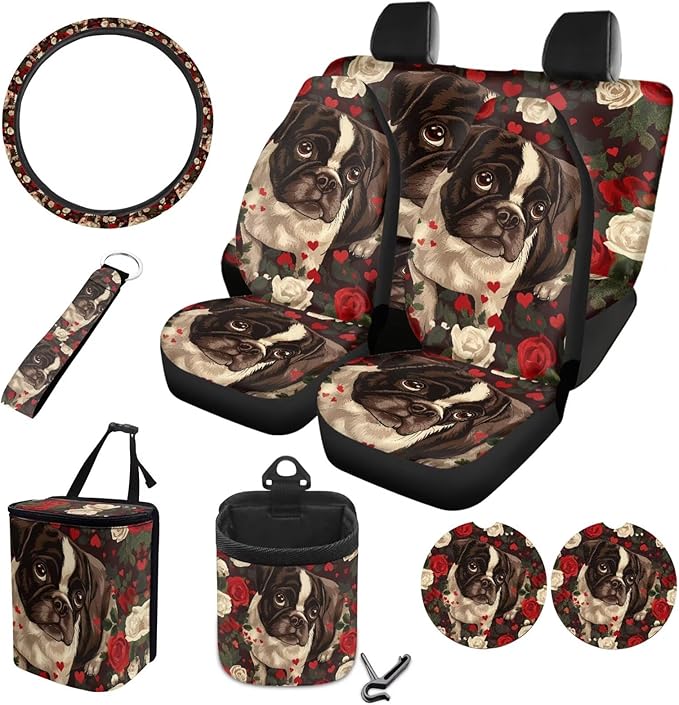 10 Pieces Car Seat Cover Full Sets, Pug Rose Print Car Front Bucket Seat Protectors with Split Bench Back Seat Covers, Steering Wheel Protector, Coaster, Trash Can, Air Vent Storage Bag