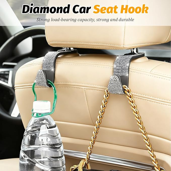 HZEL Bling Car Seat Headrest Hooks, 4PCS Crystal Rhinestone Vehicle Seat Back Hanger Holder for Purses Bag Handbags, Diamond Headrest Storage Organizer, Universal Auto Accessories (Orange)