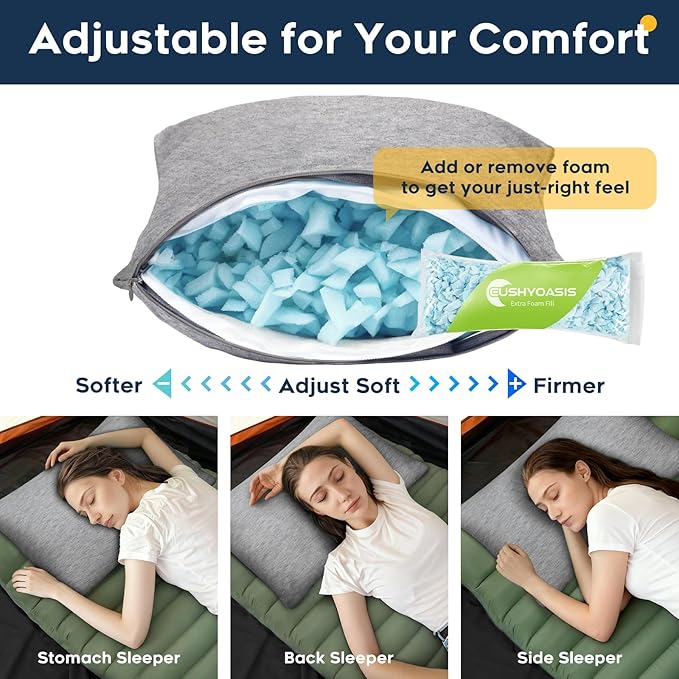 CushyOasis All-in-1 Camping Pillow Set - Shredded Memory Foam Small Travel Neck Pillow for Sleeping with Eye Mask, Earplugs & Washable Cover, Compact for Backpacking, Hiking, Airplane, Car, L Size