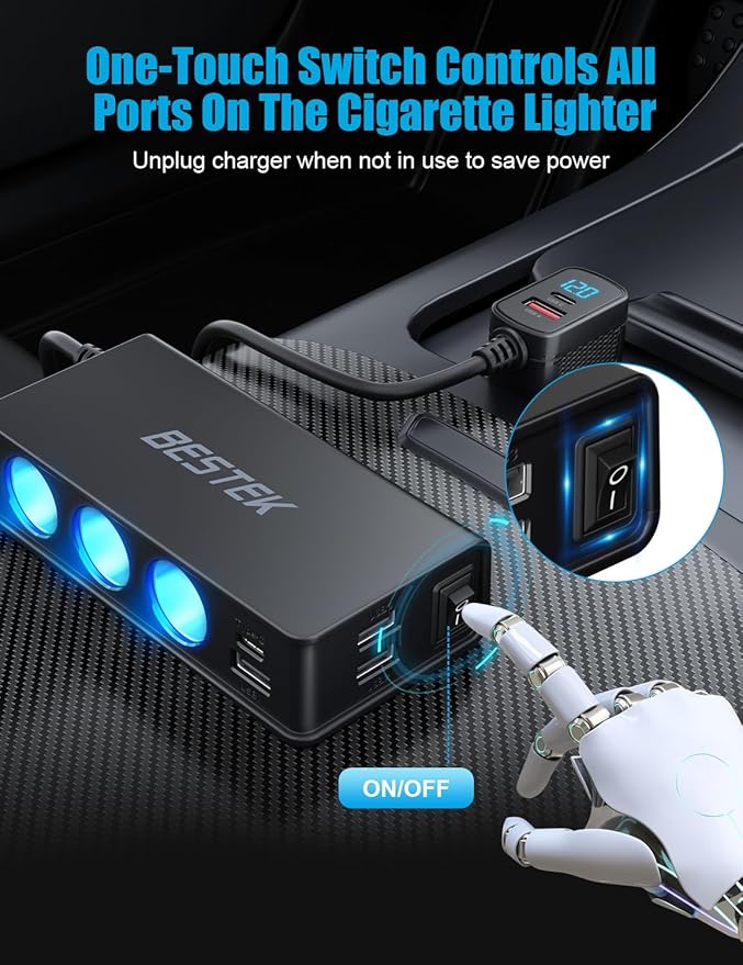 BESTEK 9 in 1 Cigarette Lighter Splitter,148W 3-Socket Multi Port Outlet Car Charger PD30W and 4 USB-A QC3.0 18W with LED Display 12V/24V Vehicle Super Fast Adapter for GPS, Dash Cam, iPhone, Car