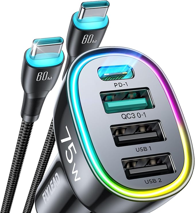 75W Car Charger USB C for iPhone 17, Multi Port Cigarette Lighter USB Adapter Fast Car Charger with 3.3ft 60W USB C Cable Fast Charging
