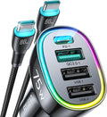 75W Car Charger USB C for iPhone 17, Multi Port Cigarette Lighter USB Adapter Fast Car Charger with 3.3ft 60W USB C Cable Fast Charging