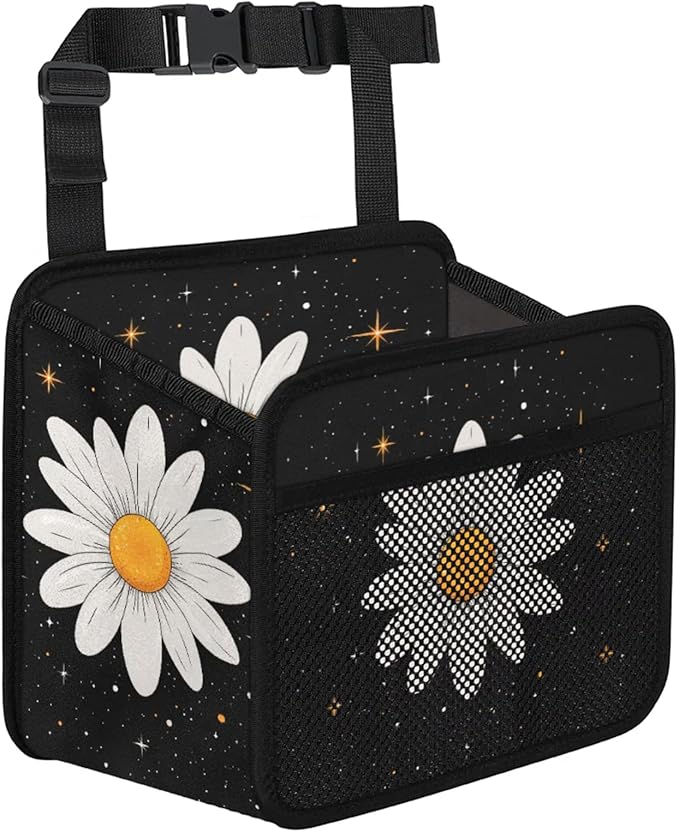 Vintage White Daisy Car Backseat Organizer PU Leather Black Truck Back Seat Trash Bag Universal Hanging Storage Box Travel Accessories Foldable