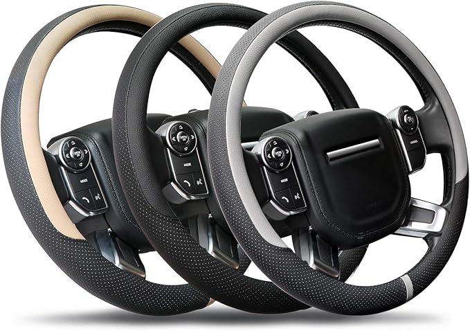COFIT Breathable Car Steering Wheel Cover 16 inch Auto Universal Leather Wrap Non-Slip Steeringwheel Protector Automotive Interior Accessories, Beige (Suit for 15 1/2-16 inch)