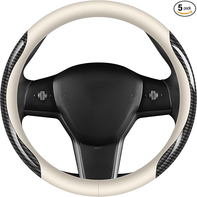 Nappa Leather car Steering Wheel Cover,Carbon Fiber Sports car Interior Non-Slip Ultrathin 15 inches Universal (White)