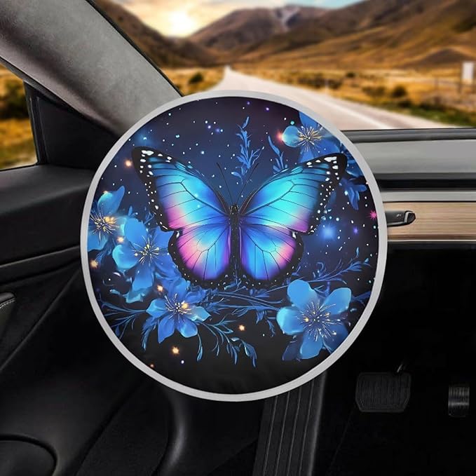 Blue Butterfly Vehicle Steering Wheel Sun Shade 17 Inch Fashion Car Rudder Reflector Protector for SUV Truck Van Summer Essential Gift for Holiday