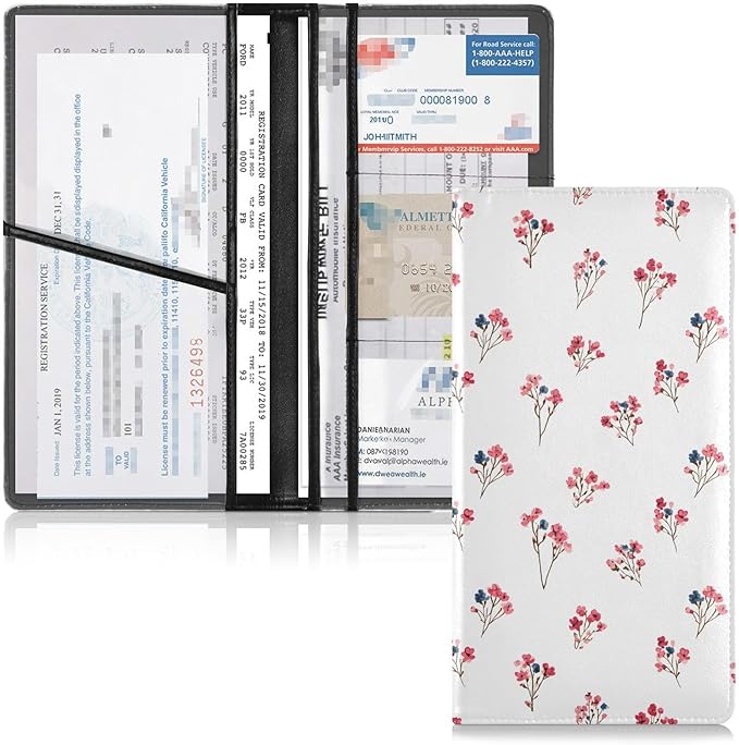 ALAZA Red Flowers Floral Car Registration and Insurance Card Holder Vehicle Glove Box Car Organizer Driver License Documents Holder Waller Case Organizers