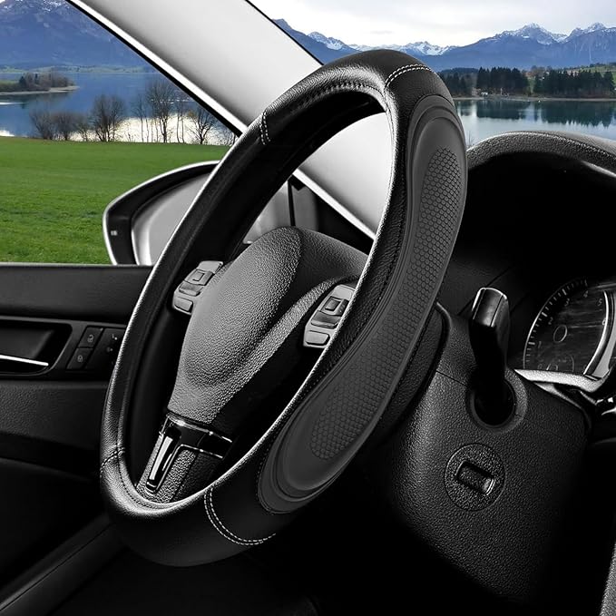 Black Film Splicing Leather Steering Wheel Cover, Microfiber Leather, Anti-Slip, Breathable, Universal Fit for 14.5–15 in Steering Wheel Cover for Men Women