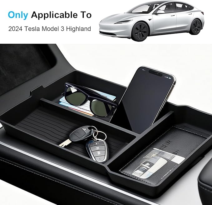 3PCS Center Console Organizer Lower Storage Box for Tesla Model 3 Highland 2024 2025, Silicone Console Organizer Tray New Tesla Interior Accessories