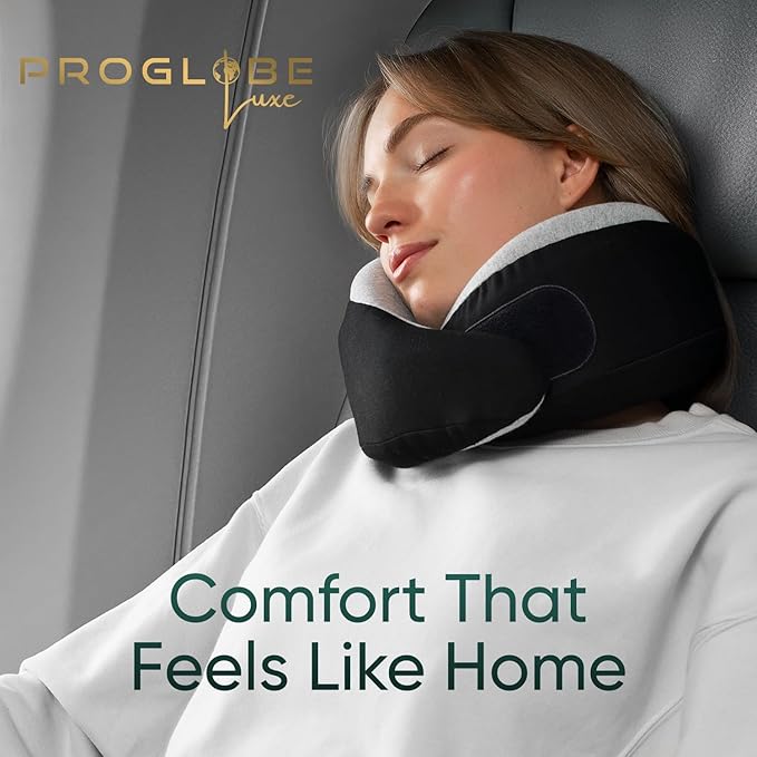 Proglobe Luxe Memory Foam Travel Neck Pillow for Airplanes, Ergonomic 360° Support with Soft Chin Support, Organic Cotton Cover, Compact Compression Bag, Charcoal Black