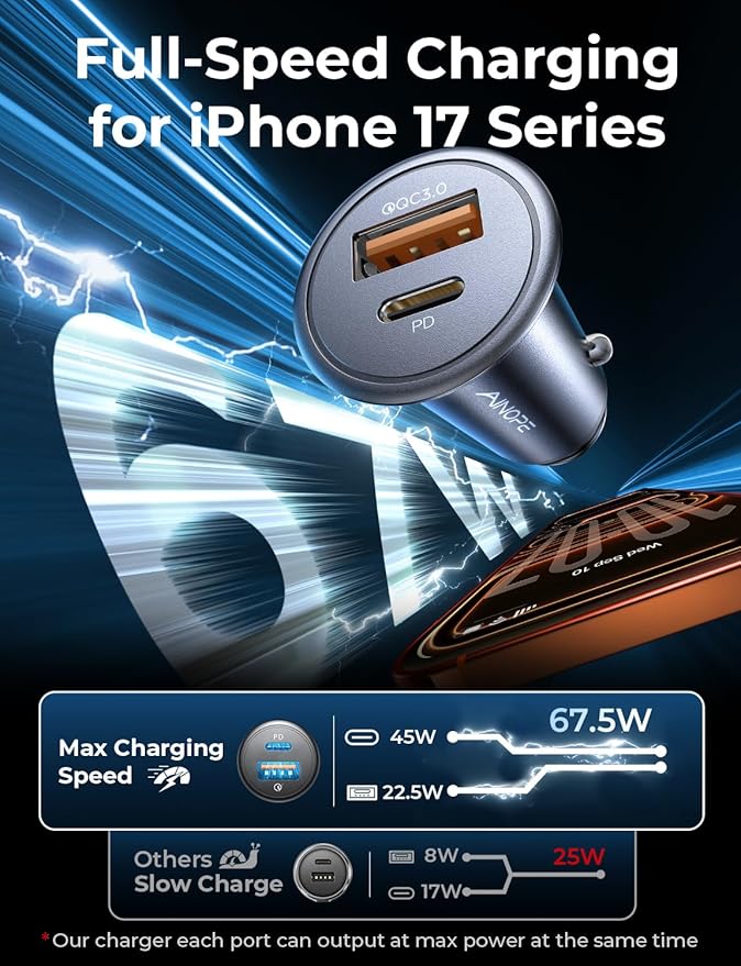 AINOPE 67.5W Super Mini Cigarette Lighter Adapter Car Charger USB C Fast Charging, All Metal PD&QC Type C Car Charger Adapter Outlet Plug Socket for iPhone 17 16 Pro Max 15 14 13 Air, Samsung S26 S25