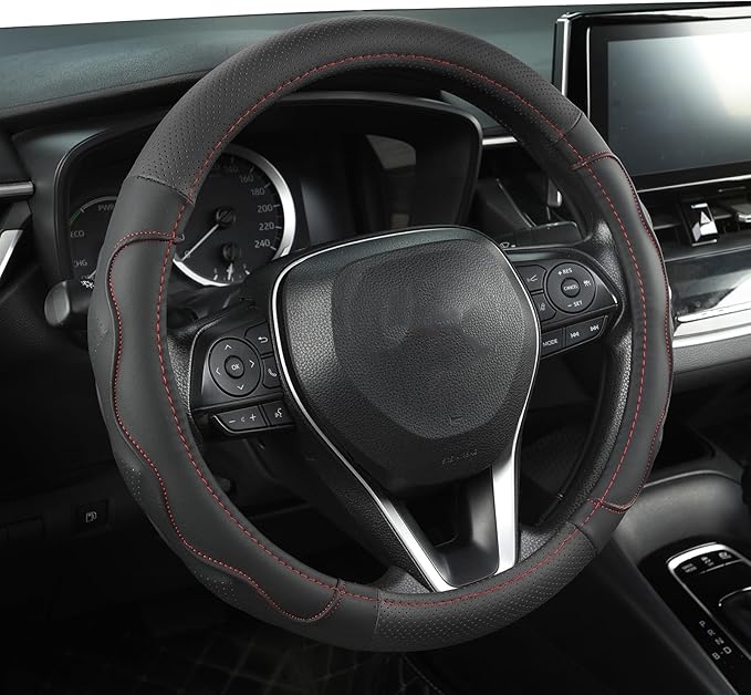 West Llama 3D Texture Steering Wheel Cover for Toyota, Anti-Slip Design, Premium Leather, Custom Fit for 14.5-15 inch, Stylish Interior Decoration(Black+Red Line-Standard Size)