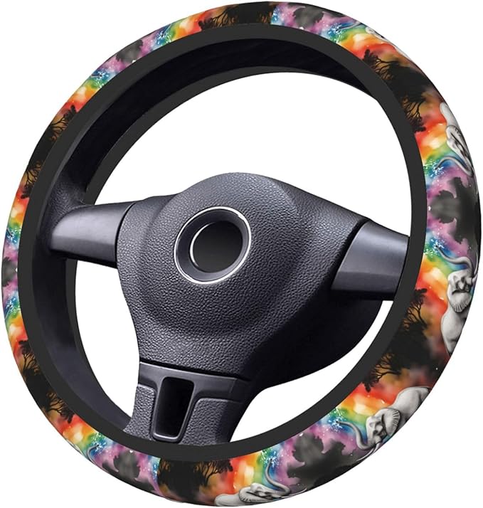 Elephant Rainbow Neoprene Steering Wheel Covers Women Men Car Accessories, Universal 15 Inch Fit Auto, Suvs, Truck