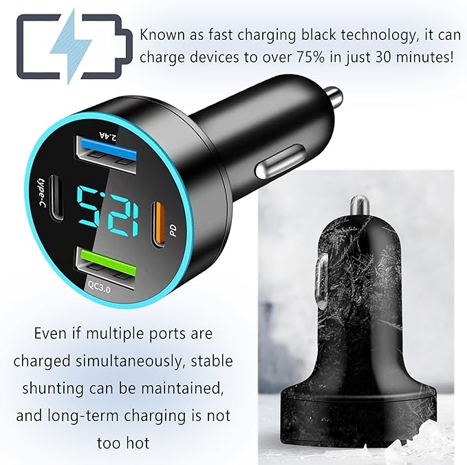 4-Port USB Car Charger,Car Charger Adapter with Blue LED,PD+QC3.0+Type C Ports Car Charger Adapter for Car Truck SUV Compatible with iPhone/Android (QC3.0+PD+2.4A+Type-C)