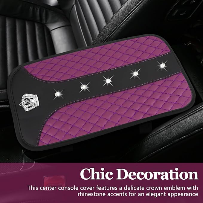 Bling Crown Car Center Console Cover, 12.7"×7.7" Armrest Cover for Cars, Waterproof Leather Arm Rest Box Pad Cushion, Universal Middle Console Cover Protector, Car Accessories (Purple)