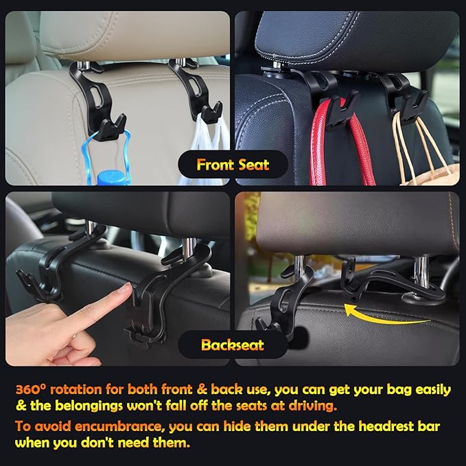 Car Back Seat Headrest Hanger 2 Car Hooks for Coat, Jacket, Suit, Clothes, Purse, Handbag, Grocery Bags - Multi-Purpose Storage Holder for Automobile - Black