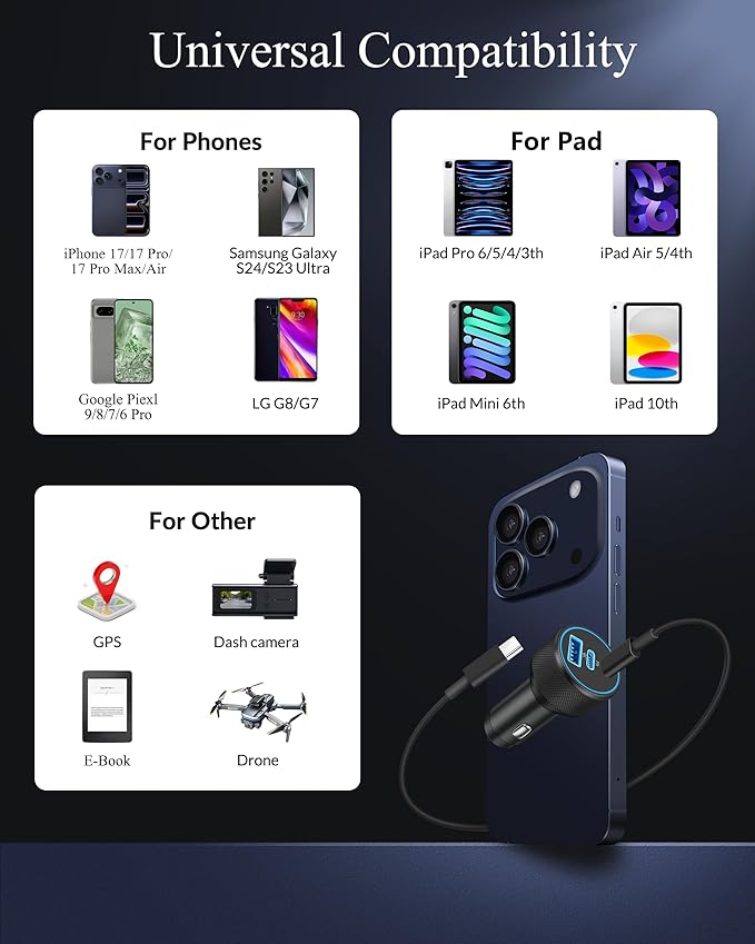 iPhone 17e/17/17 Pro Max Car Charger Fast Charging, 2-Pack 67W 3-Port Fast USB C Car Charger Adapter Cigarette Lighter with 3FT Type C Cable Cord for iPhone 17e/17/17 Pro Max/16/15 Pro Max/Plus, iPad