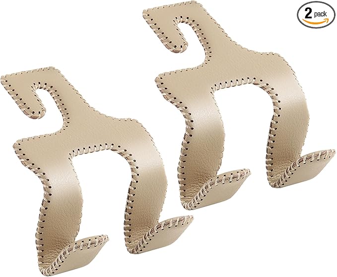 TISOHUGO Upgraded Headrest Hooks for Purses and Bags, 2 in 1 Car Back Seat Head Rest Hanger Matching Cars Interior Genuine Leather Vehicle Storage Holder Hook, 2 Pack, Beige