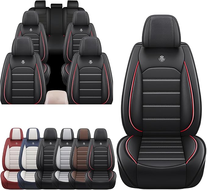 JOJ Car Seat Cover for Lincoln Navigator Seat Covers for Cars 2014-2026,Leather Waterproof Car Seat Covers Full Set,All Weather Tech Car Seat Protector,8 Seats Black Red