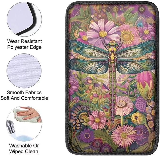Mintutlipy Colorful Dragonflies and Flowers Car Armrest Cover Car Arm Rest Pad Car Interior Accessories for Men Women Dust Proof Car Center Console Protector