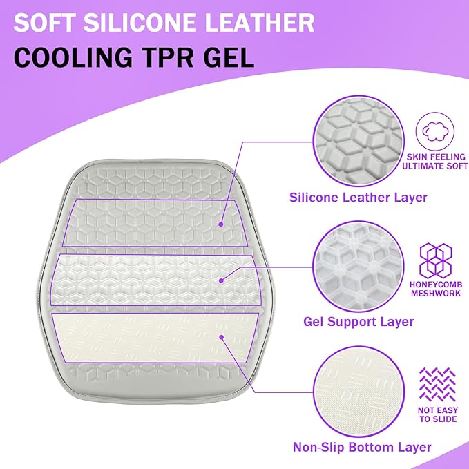Thin Gel Seat Cushion for Car Seat, Office Chair, Wheelchair, Golf Cart - Non-Slip Car Seat Cushions with 0.7 Inch Gel - Sciatica & Coccyx Pain Relief (Leather, Grey)
