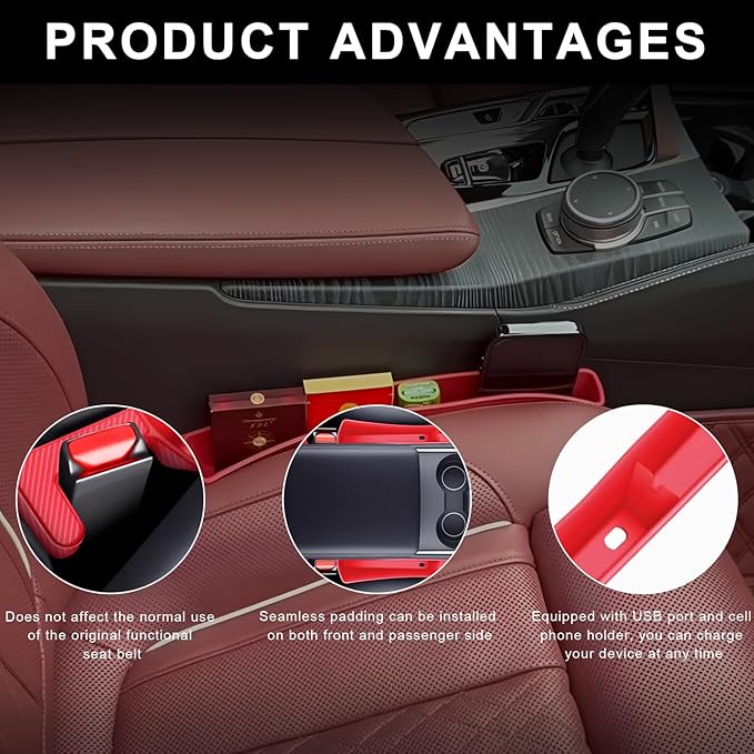 2 PCS Car Seat Gap Filler Organizer, Multifunctional Auto Side Seat Gap Filler Phone Holder, Universal Vehicle Storage Box Fill Gap Space Between Seats and Console (Red)