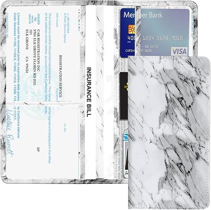 Vehicle Glove Box Car Organizer, Car Registration and Insurance Holder, Insurance Card Holder for Cars, Leather Card Holder Interior Auto Accessories for Women (Marble-White/Large)