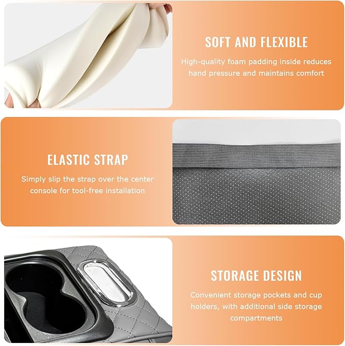 Car Center Console Armrest Pillow, 5-in-1 Armrest Cushion w/ 2 Side Bags, Tissue Box Slot, Cup & Phone Holder, Multifunctional Leather Auto Arm Rest Cover Storage Organizer (Gray, Embroidered)