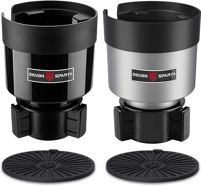 SEVEN SPARTA 2 Pack Car Cup Holder Expander Organizer Adjustable Base, Compatible with Yeti 20/26/30 oz, Hydro Flasks 32/40oz, Nalgenes 30/32/38/48 oz, Other Bottles in 3.4"-3.8" (Black and Silver)