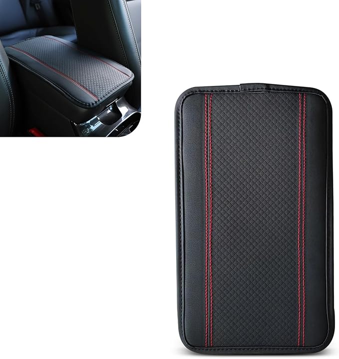 Hugwits Car Center Console Armrest Pad, 7.48" x 12.6" Leather Waterproof Armrest Box Mat with Straps, Wear-Resistant Car Center Console Seat Box Cover, Universal for Most Cars (Red Stitching)