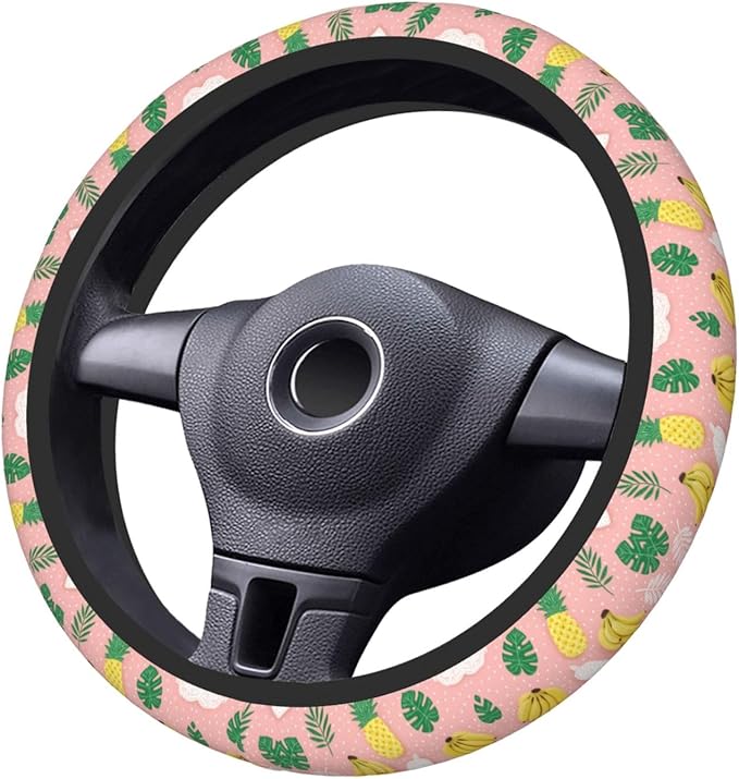 Tropical-Bananas-Pattern Neoprene Steering Wheel Covers Women Men Car Accessories, Universal 15 Inch Fit Auto, Suvs, Truck