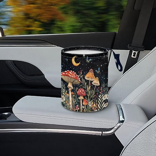 Moon Mushroom Car Trash Storage Box Collapsible Small Car Waste Basket Bin Compact Universal Strap Attach to Auto Garbage Holder Travel Accessories