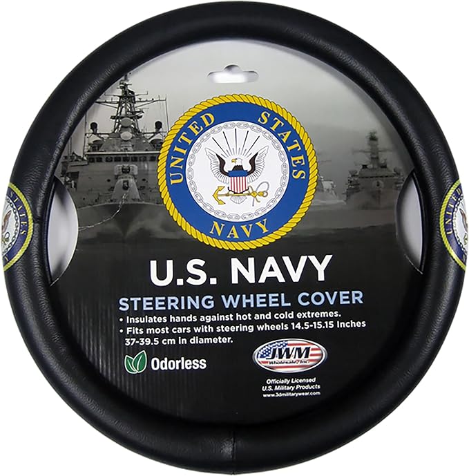United States Navy Steering Wheel Cover, Universal Fit 14.5-15.5 Inches, Black, Temperature Insulating (Car 14.5 inches – 15.5 inches.)