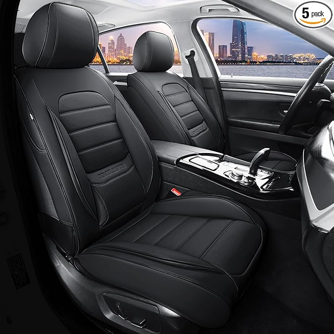 COVER EMPIRE Car Seat Covers Full Set, 5Pcs Universal Leather Seat Covers for Cars, Waterproof Front and Rear Seat Covers Breathable Automotive Vehicle Seat Cover for Most Trucks, SUVs, Sedans, Black