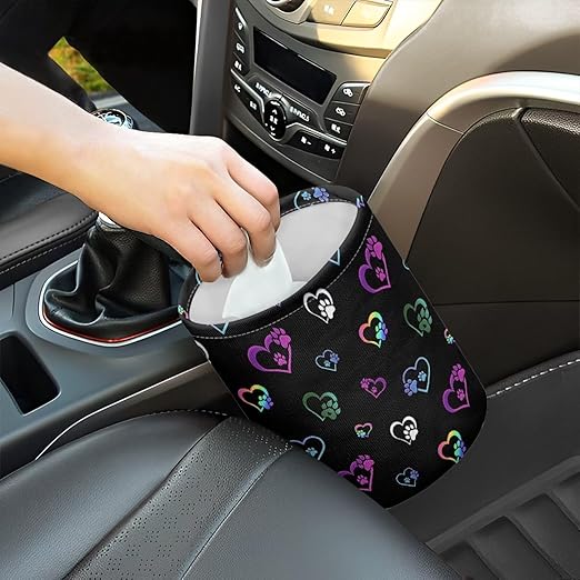 Colorful Dog Paw Heart Car Trash Bag, Car Trash Can - Cute, Portable, Collapsible for Back Seat, Floor, or Hanging Headrest Waste Basket