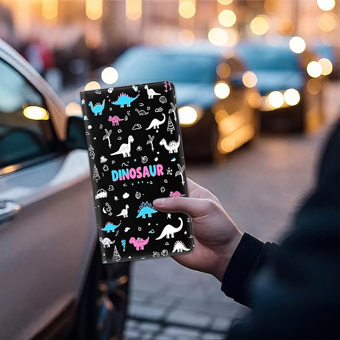 Car Registration Holder, Waterproof PU Leather Vehicle Card Document Glove Box Organizer, Women Interior Auto Accessories Case for Cards, Driver License Car Insurance Holder, Cartoon Dinosaur Pattern