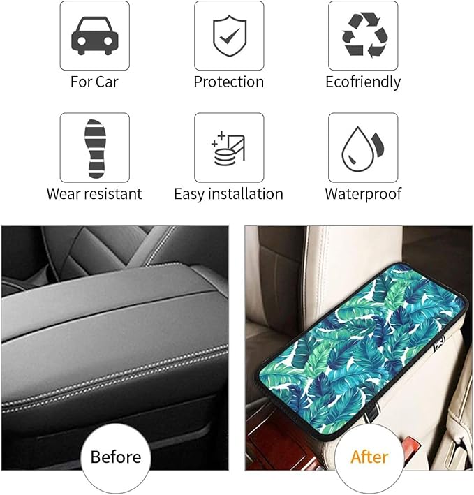 DORKEIXIA Palm Leaves Leaf Tropical Hawaiian Summer Green Auto Center Console Armrest Pad Universal Car Center Console Cover Seat Box Cover for Sedan, Van, SUV, Truck Car Accessorie