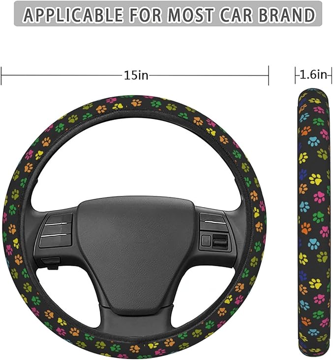 FeHuew Dog Paws Colorful Print Steering Wheel Cover for Women, Girls 15 inch Universal Auto Car Anti Slip Wrap Steering Wheel Covers Fit for Vehicles, Truck, SUV