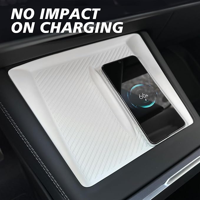 BestEvMod Center Console Wireless Charger Mat Compatible with Refreshed Tesla Model 3 2026 2025 2024 Highland Accessories Phone Charge Area Silicone Mat Non Slip Silicone Pad (White)