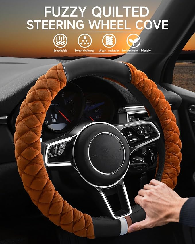 Cxtiy Universal Car Steering Wheel Cover Fluffy Winter Plush Steering Wheel Cover (A-Brown)
